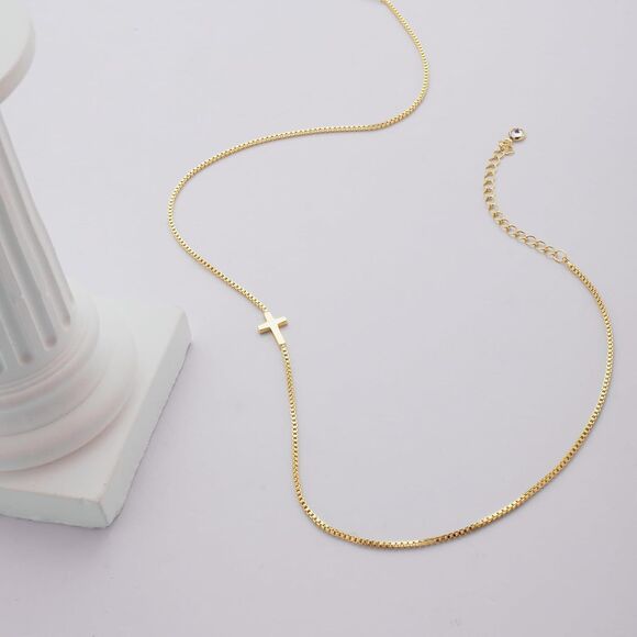 Cross Necklace 14K Gold Plated Dainty Minimalist Sideways Cross Pendant Chain - Picture 3 of 8